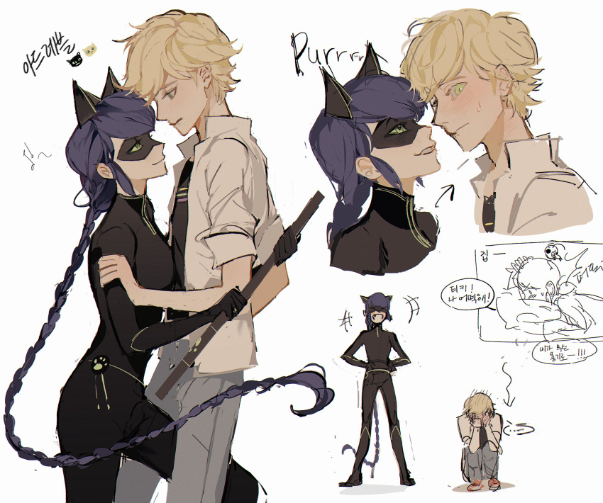 adrien_agreste, animal_ears, black_bodysuit, black_hair, black_mask, black_shirt, blazer, blonde_hair