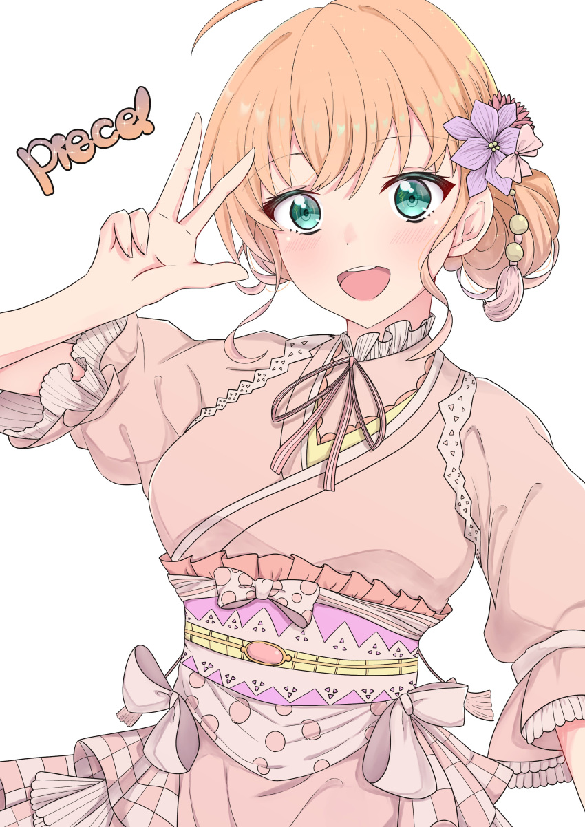 1girl, absurdres, blush, collar, commentary_request, english_text, flower, frilled_collar, frilled_sleeves, frills, green_eyes, hair_flower, hair_ornament, hand_up, highres, hinoshita_kaho, ikuto_(nanami_ice), japanese_clothes, kimono, link!_like!_love_live!, looking_at_viewer, love_live!, neck_ribbon, obi, official_alternate_hairstyle, open_mouth, orange_hair, pink_kimono, pink_ribbon, ribbon, sash, short_sleeves, solo, sugao_no_pixel, upper_body, virtual_youtuber, w, white_background