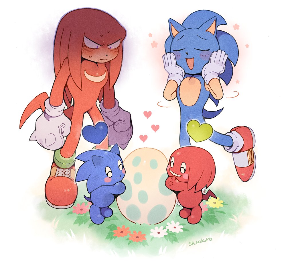 4boys, animal_ears, artist_name, blue_heart, blush, chao_(sonic), closed_eyes, egg