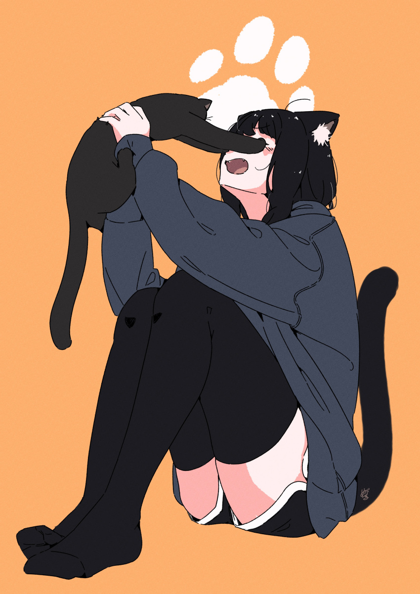 1girl, absurdres, animal, animal_ear_fluff, animal_ears, black_cat, black_hair, black_thighhighs