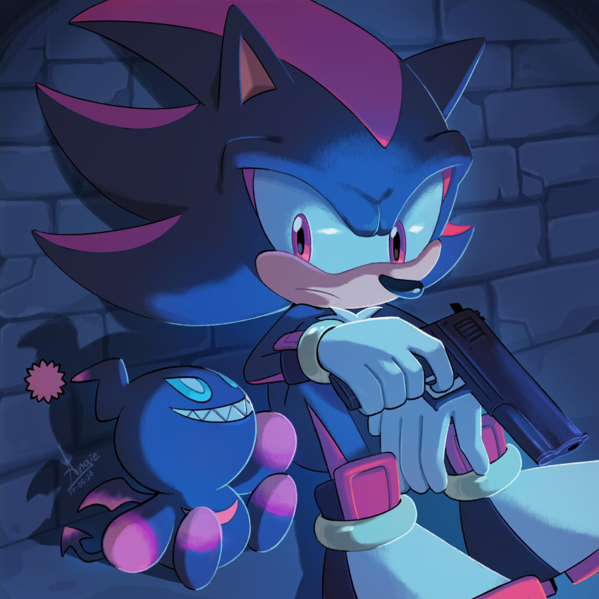 1girl, 1other, angiethecat, animal_ears, black_footwear, black_fur, blue_sclera, chao_(sonic), colored_sclera, dark_chao, gun, handgun, highres, holding, holding_gun, holding_weapon, looking_at_another, male_focus, red_eyes, red_fur, shadow_the_hedgehog, sharp_teeth, shoes, sitting, sonic_(series), sonic_the_hedgehog, stone_wall, teeth, two-tone_footwear, two-tone_fur, weapon, weapon_request, white_eyes, white_footwear