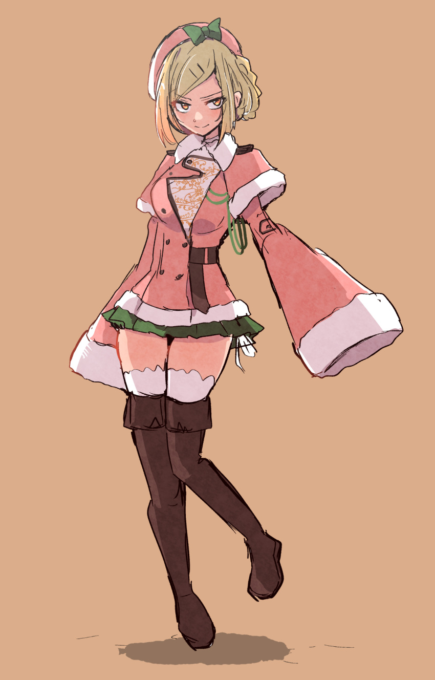 1girl, beret, blonde_hair, brown_footwear, ciconia_no_naku_koro_ni, closed_mouth, coat, full_body, hat, highres, jestress, long28, orange_background, pink_coat, pink_hat, shadow, short_hair, sidelocks, simple_background, sleeves_past_wrists, smile, solo, yellow_eyes