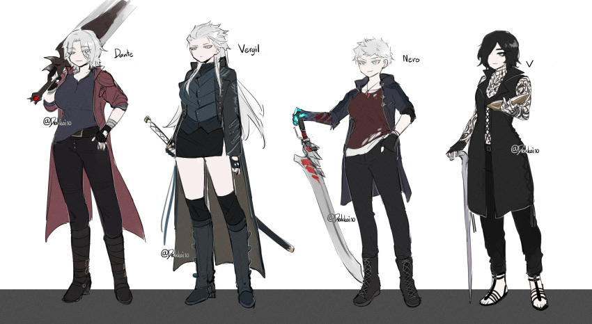 4girls, absurdres, arm_tattoo, black_coat, black_gloves, black_hair, black_pants, blue_eyes, blush, boots, breasts, cane, chigen_(drakkai10), closed_mouth, coat, dante_(devil_may_cry), devil_bringer, devil_may_cry_(series), devil_may_cry_5, fingerless_gloves, full-body_tattoo, full_body, genderswap, genderswap_(mtf), gloves, hair_slicked_back, highres, holding, holding_cane, holding_sword, holding_weapon, katana, knee_boots, long_hair, long_sleeves, mechanical_arms, medium_breasts, miniskirt, multiple_girls, nero_(devil_may_cry), pants, rebellion_(sword), red_coat, red_queen_(sword), short_hair, single_mechanical_arm, skirt, sleeveless, sleeveless_coat, smile, standing, sword, tattoo, v_(devil_may_cry), vergil_(devil_may_cry), weapon, white_hair, yamato_(sword)