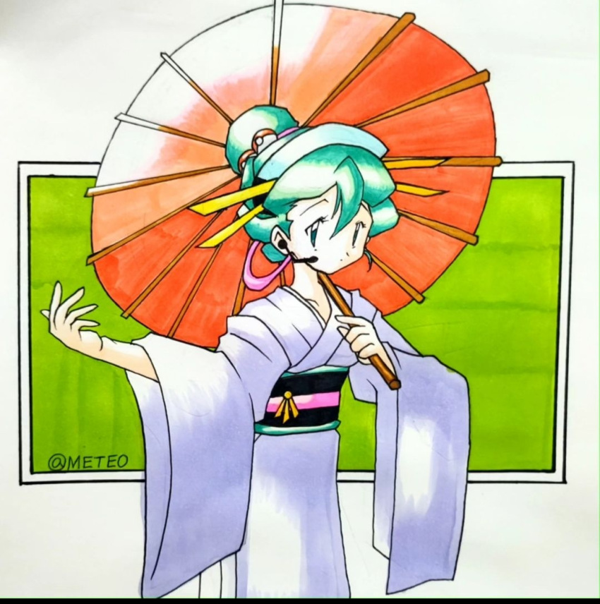 1990s_(style), 1girl, aqua_hair, blue_eyes, blue_hair, closed_mouth, cosplay, dot_mouth, geisha, green_hair, hair_bun, hair_ornament, hair_stick, hatsune_miku, headset, holding, holding_umbrella, japanese_clothes, kimono, kimono_girl_(pokemon), kimono_girl_(pokemon)_(cosplay), long_sleeves, looking_at_viewer, meteo_(user_xjar7225), microphone, obi, parasol, parody, poke_ball, poke_ball_(basic), poke_ball_hair_ornament, pokemon, pokemon_gsc, pokemon_gsc_(style), pokemon_rgby_(style), purple_kimono, retro_artstyle, sash, single_hair_bun, smile, style_parody, sugimori_ken_(style), umbrella, vocaloid, wide_sleeves
