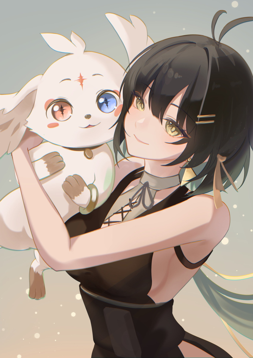 1girl, 1other, abby_(wuthering_waves), absurdres, animal_ears, antenna_hair, backless_dress, backless_outfit