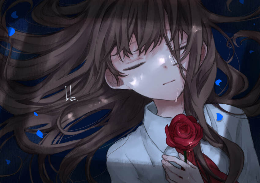 1girl, :|, ascot, blue_background, brown_hair, character_name, closed_eyes, closed_mouth