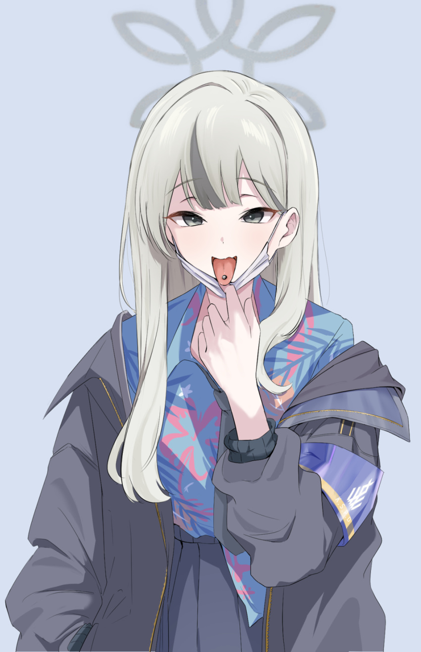 1girl, 4jiri, black_necktie, black_skirt, blue_archive, blue_shirt, collared_shirt, grey_background