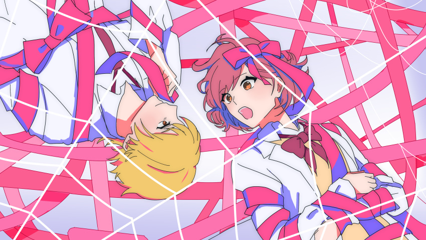 1boy, 1girl, absurdres, bibitto_love_(honeyworks), blonde_hair, bow, bowtie, collared_shirt, commentary_request, couple, entangled, highres, honda_iku, lab_coat, lapels, long_sleeves, looking_at_another, looking_to_the_side, mikoteni4, necktie, notched_lapels, orange_eyes, pink_hair, pink_ribbon, protagonist_(tokimemo_gs4), red_bow, red_bowtie, red_necktie, ribbon, shirt, short_hair, string, tokimeki_memorial, tokimeki_memorial_girl's_side, tokimeki_memorial_girl's_side_4th_heart, upper_body, white_background, white_shirt