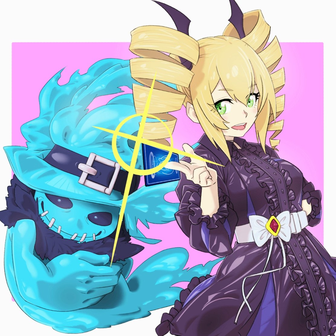 1girl, black_dress, blonde_hair, breasts, card, digimon, digimon_card_game, digimon_liberator