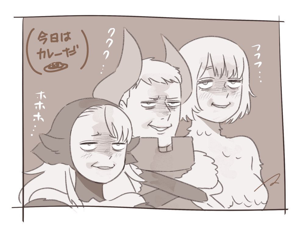 1boy, 2girls, alternate_universe, border, cloak, commentary, crazy_smile, detached_hood