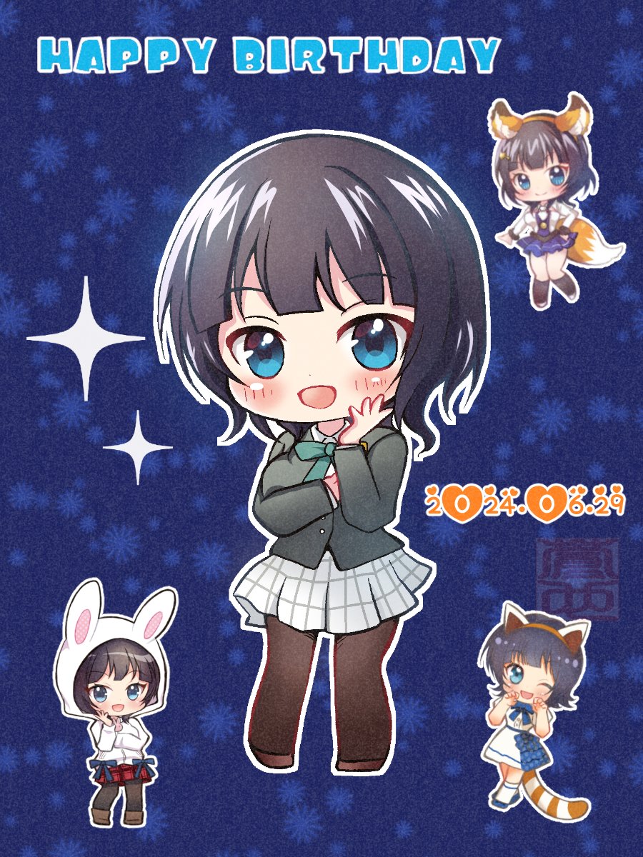 1girl, :d, ;d, animal_ear_hairband, animal_ears, animal_hood, asaka_karin, black_jacket, black_pantyhose, blazer, blue_background, blue_eyes, blue_hair, blue_skirt, blunt_bangs, blush, canyon_2019, claw_pose, closed_mouth, collared_shirt, commentary, dark_blue_hair, dated, deformed, dress, dress_shirt, exciting_animal_(love_live!), fake_animal_ears, fake_tail, fox_ears, fox_tail, frilled_skirt, frills, full_body, green_ribbon, grey_skirt, hairband, hand_up, happy, happy_birthday, highres, hood, hooded_jacket, jacket, long_sleeves, looking_at_viewer, love_live!, love_live!_nijigasaki_high_school_idol_club, love_live!_school_idol_festival_all_stars, medium_hair, miniskirt, multiple_views, neck_ribbon, nijigasaki_school_uniform, one_eye_closed, open_mouth, pantyhose, plaid_clothes, plaid_skirt, pleated_skirt, rabbit_hood, ribbon, school_uniform, shirt, skirt, smile, sparkle, symbol-only_commentary, tail, white_dress, white_jacket, white_shirt, white_skirt, winter_uniform
