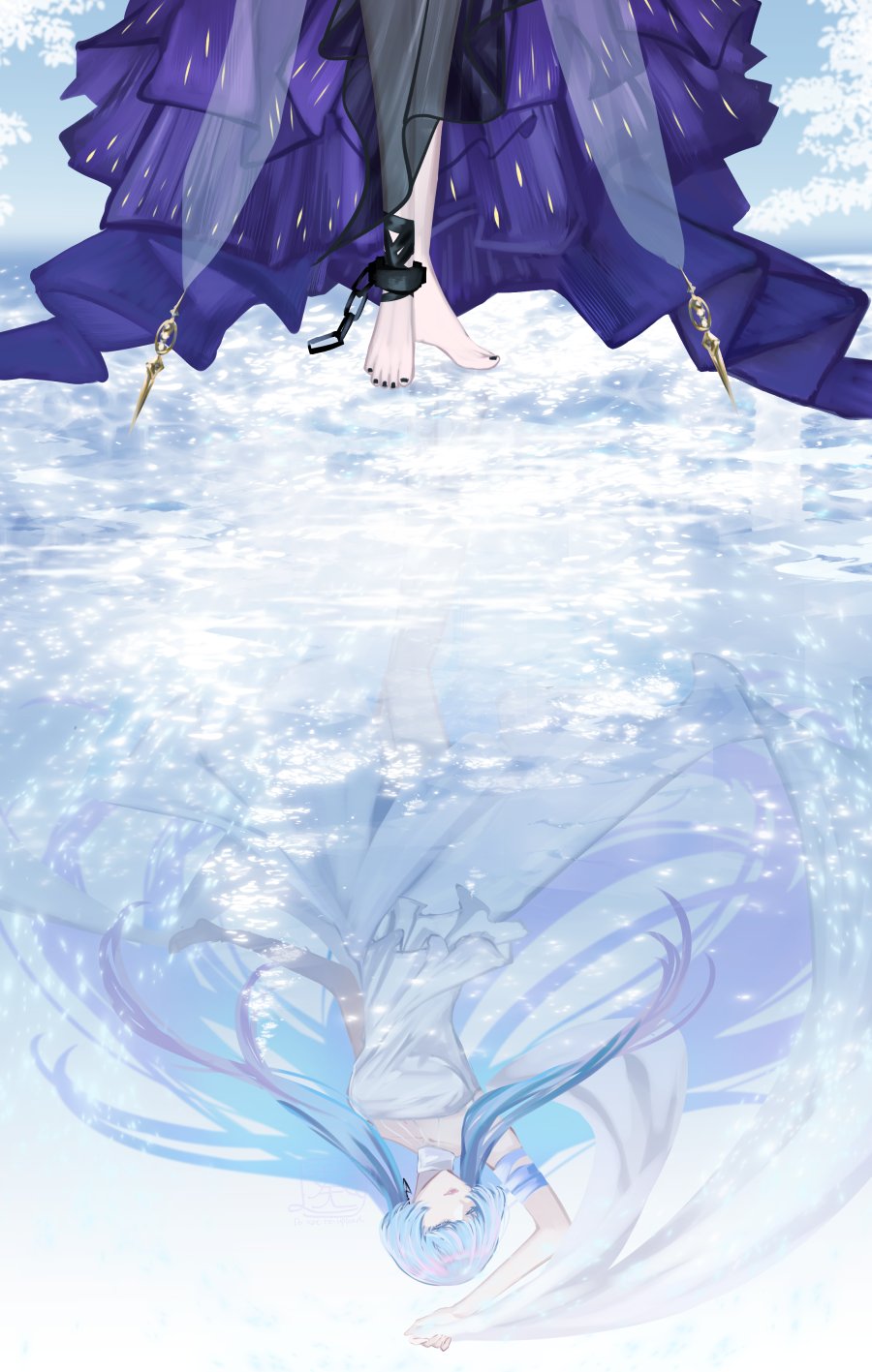 1girl, barefoot, blue_hair, closed_eyes, dancing, different_reflection, dress, dual_persona