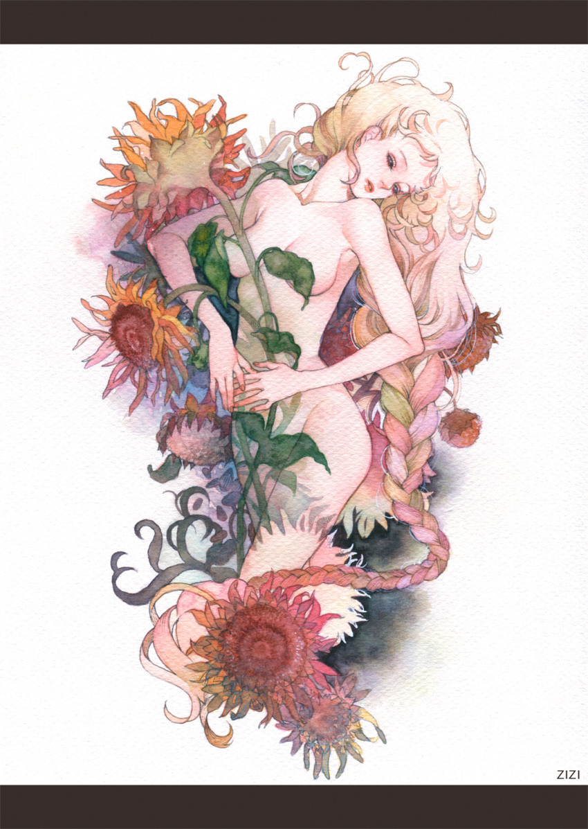 breasts, censored, convenient_censoring, flower, head_tilt, highres, long_hair, multicolored_hair, nude, original, plant, solo, traditional_media, very_long_hair, watercolor_(medium), zizizy