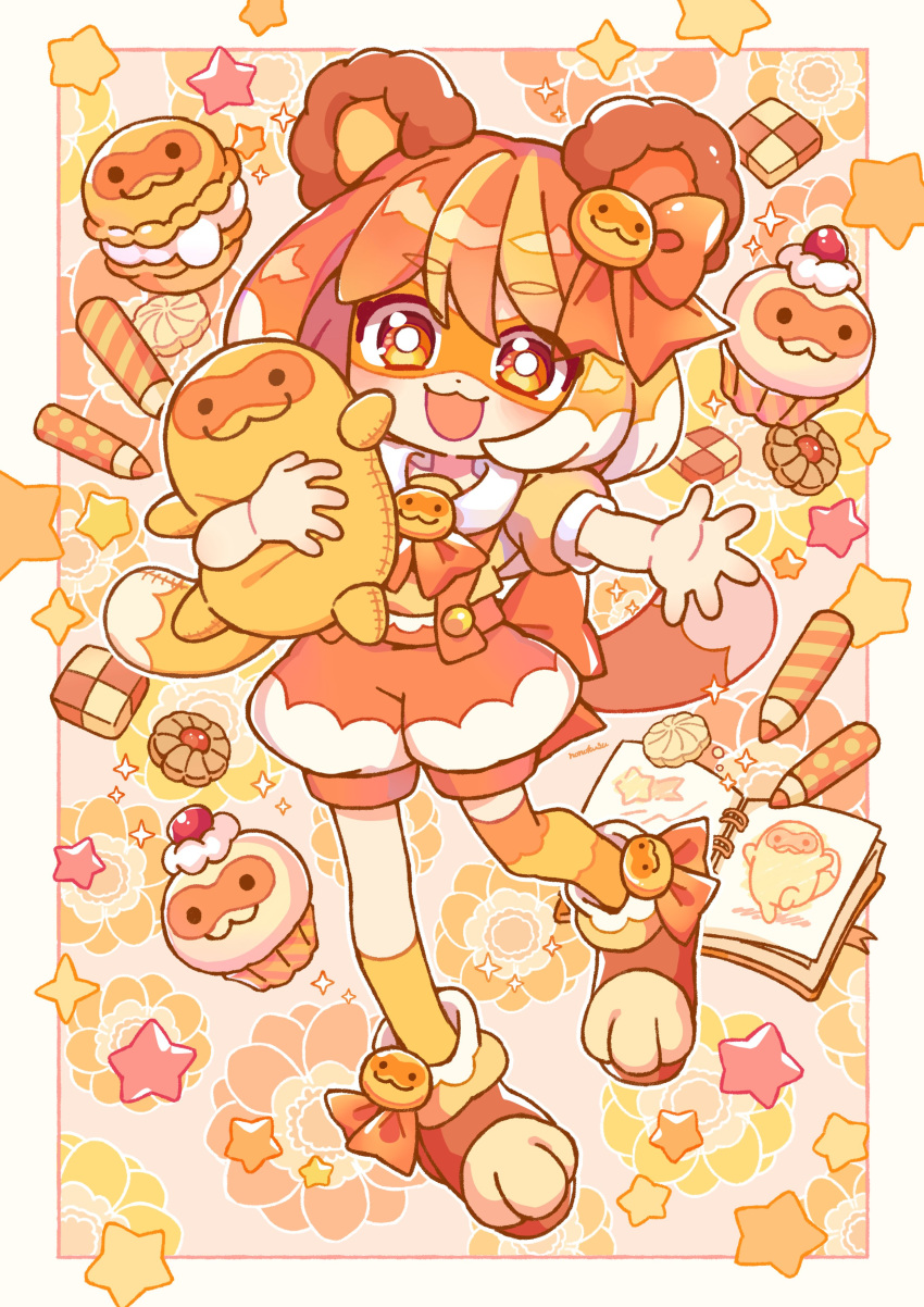 1girl, :3, absurdres, animal_ears, artist_name, asymmetrical_footwear, border, bow, bright_pupils, brooch, domino_mask, facing_viewer, floral_background, food, food_with_face, full_body, happy, highres, holding, holding_stuffed_toy, inset, jewelry, mask, multicolored_hair, nonokusu_(no2xnox), open_hand, open_mouth, orange_bow, orange_eyes, orange_hair, orange_mask, orange_shorts, orange_socks, orange_theme, original, outside_border, outstretched_arm, overall_shorts, overalls, paw_shoes, pigeon-toed, puffy_short_sleeves, puffy_shorts, puffy_sleeves, raccoon_ears, raccoon_girl, raccoon_tail, shirt, short_hair, short_sleeves, shorts, smile, socks, star_(symbol), streaked_hair, stuffed_toy, tail, white_border, white_pupils, yellow_shirt