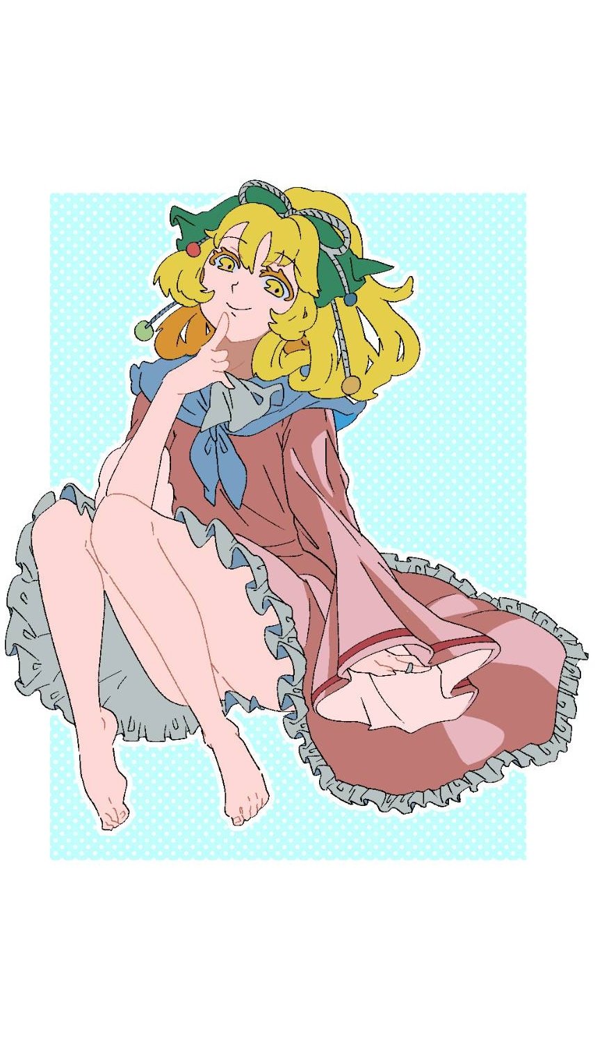 1girl, bare_legs, barefoot, blonde_hair, blonde_oekaki_girl_(touhou), blue_background, blue_neckerchief, blue_sailor_collar, border, bow, closed_mouth, frilled_skirt, frills, green_bow, green_ribbon, hair_bobbles, hair_bow, hair_ornament, hair_ribbon, handkerchief, happy, highres, holding, holding_handkerchief, long_skirt, long_sleeves, looking_at_viewer, neckerchief, pink_shirt, pink_skirt, portrait_of_exotic_girls, ribbon, sailor_collar, shirt, shizuku_hky, simple_background, sitting, skirt, smile, solo, toenails, toes, touhou, white_border, wide_sleeves, yellow_eyes
