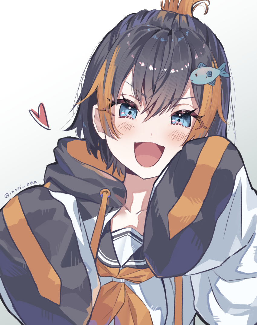 >:), :d, absurdres, black_hair, blue_eyes, blush, fish_hair_ornament, gradient_background