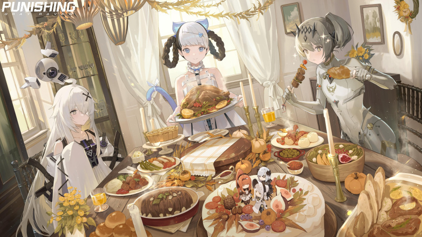 3girls, absurdres, ahoge, ashukapeka, bambinata_(punishing:_gray_raven), bare_shoulders, bird, blue_eyes