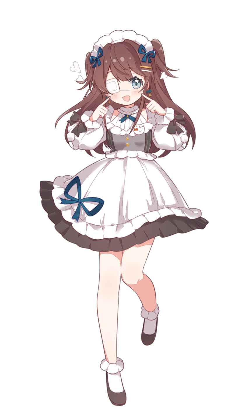1girl, :d, absurdres, apron, black_dress, black_footwear, blue_bow, blue_eyes