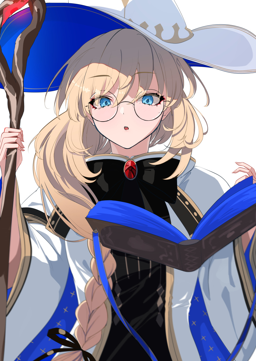 1girl, :o, absurdres, aesc_(fate), aesc_(rain_witch)_(fate), blonde_hair, blue_eyes, book