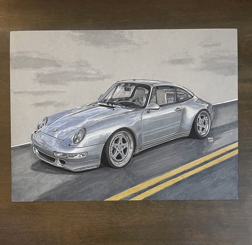2024, car, colored_pencil_(medium), commentary, grey_car, hannah_(handrawnby), highres, motor_vehicle