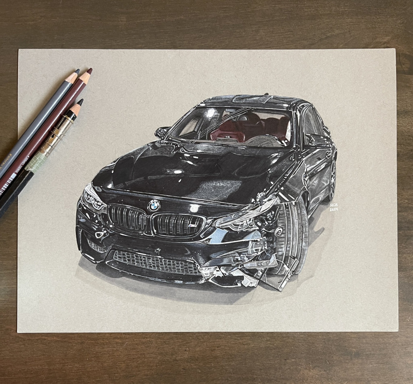 2024, black_car, bmw, bmw_4_series, car, colored_pencil, colored_pencil_(medium), commentary, damaged, hannah_(handrawnby), highres, motor_vehicle, no_humans, original, pencil, photo_(medium), shadow, symbol-only_commentary, traditional_media, vehicle_focus