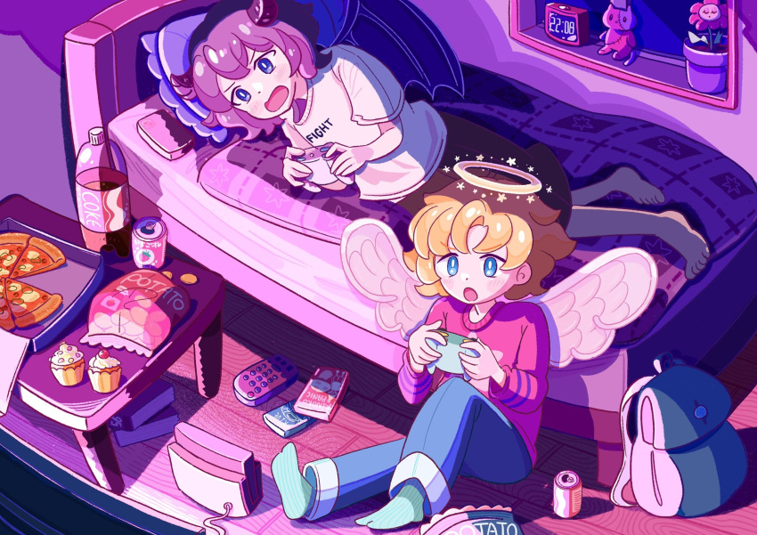 2boys, against_bed, alarm_clock, angel_wings, backpack, bag, bed, bedroom