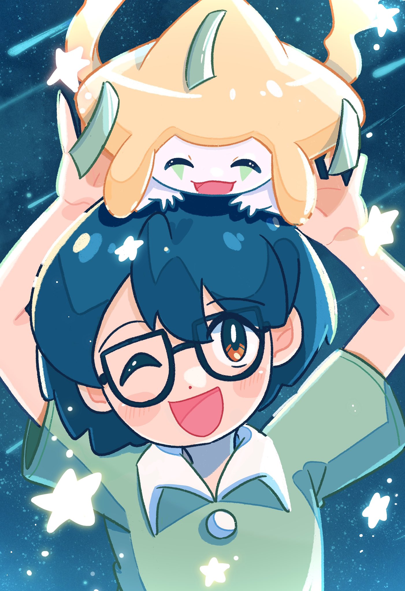 1boy, :d, animal_on_head, arms_up, black-framed_eyewear, blue_hair, bright_pupils, brown_eyes, child, dark_blue_hair, dot_nose, double-parted_bangs, glasses, green_shirt, happy, highres, jirachi, male_focus, max_(pokemon), on_head, one_eye_closed, open_hands, pokemon, pokemon:_jirachi:_wish_maker, pokemon_(anime), pokemon_(creature), pokemon_rse_(anime), portrait, sakiho_135, shirt, shooting_star, short_sleeves, sky, smile, star_(sky), star_(symbol), starry_sky, white_pupils, wing_collar
