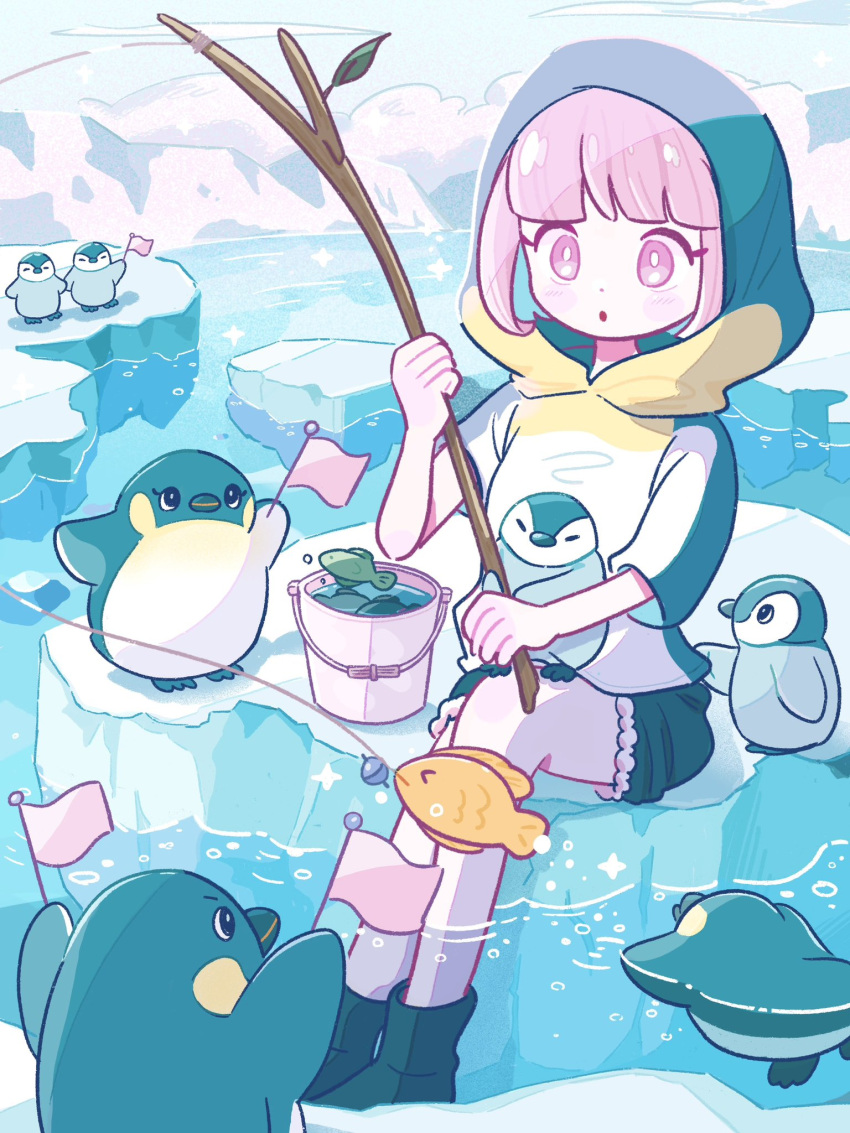 1girl, :o, animal_on_lap, antarctica, asymmetrical_sleeves, bird, black_footwear, blunt_bangs