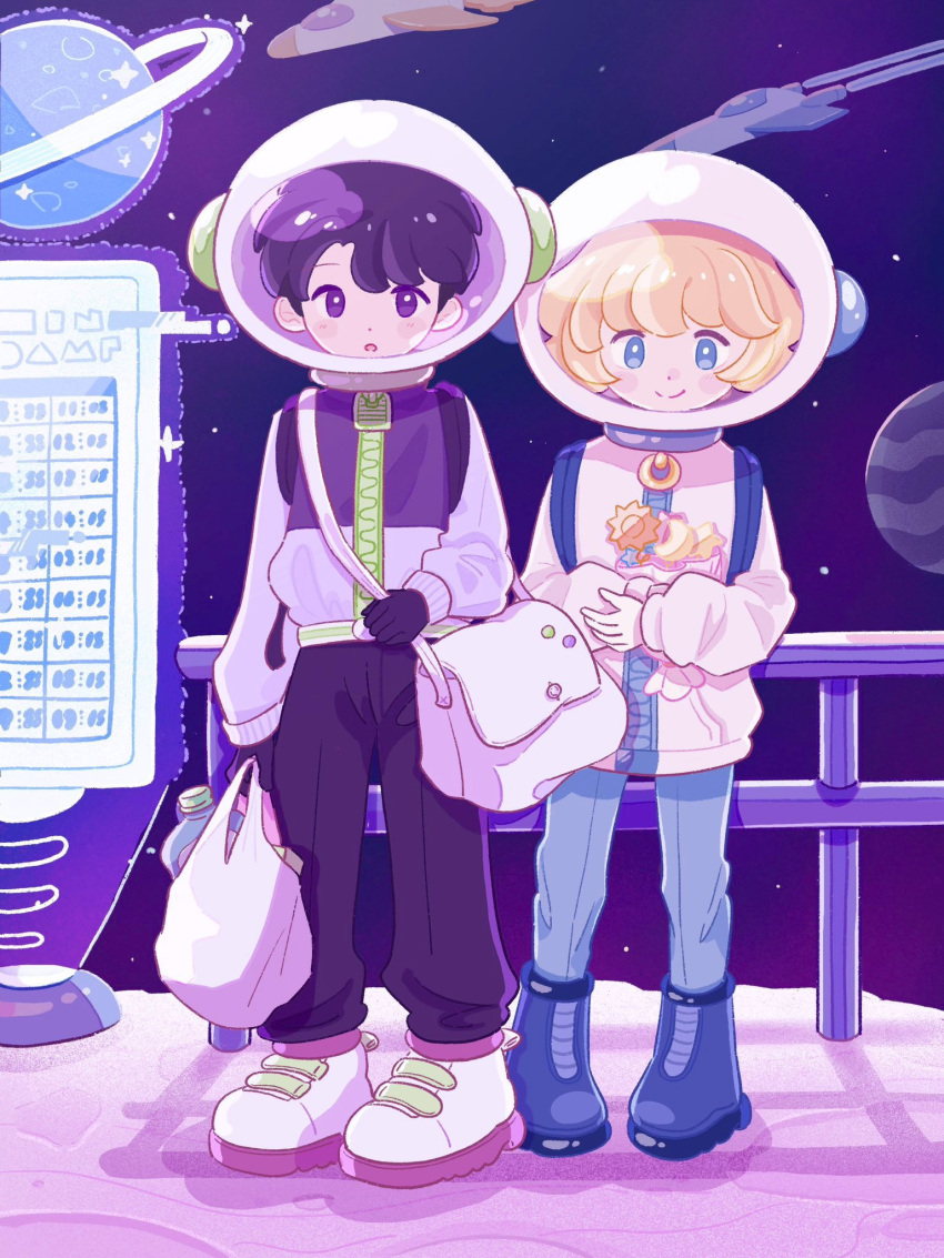 1boy, 1girl, :o, backlighting, bag, black_pants, blonde_hair, blue_footwear