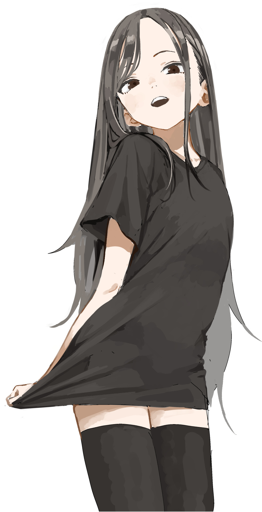 1girl, absurdres, black_eyes, black_hair, black_shirt, black_t-shirt, black_thighhighs, commentary_request
