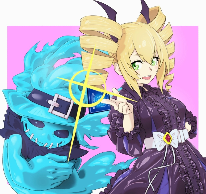 1girl, black_dress, blonde_hair, breasts, card, digimon, digimon_card_game, digimon_liberator