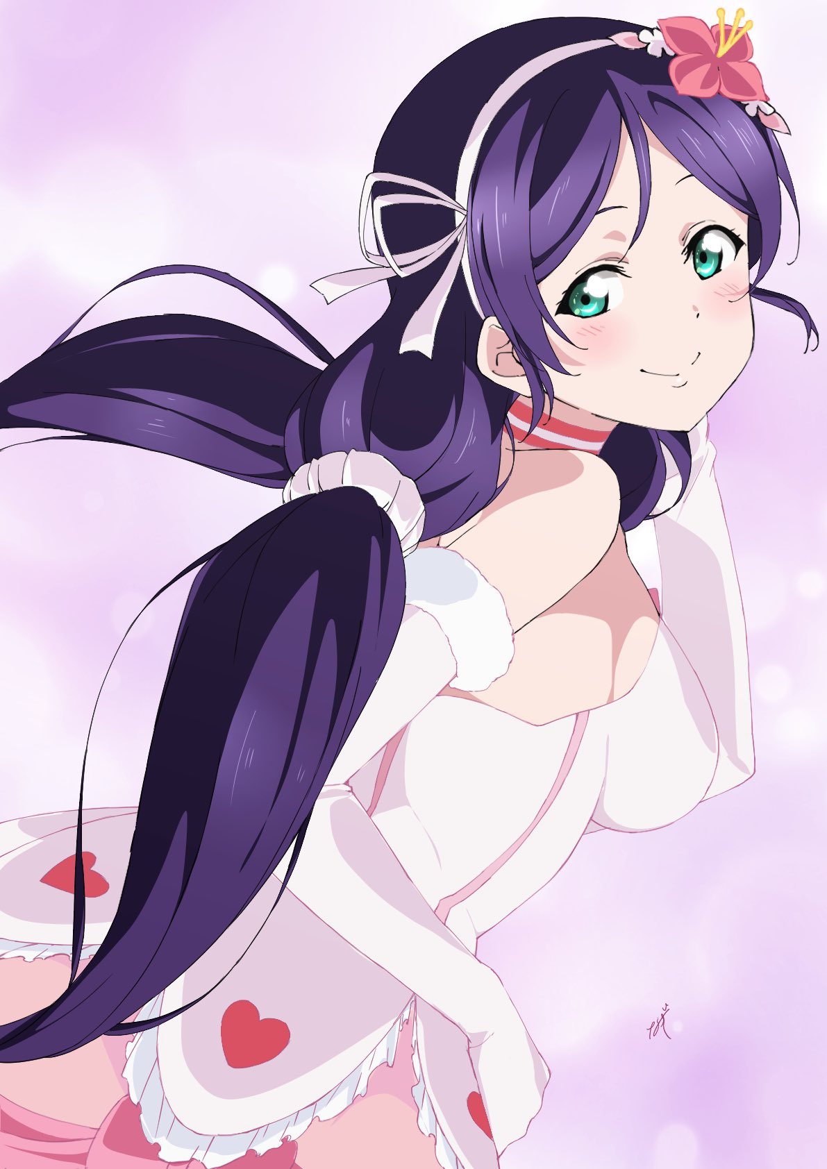1girl, bare_shoulders, blush, breasts, choker, dress, elbow_gloves, flower