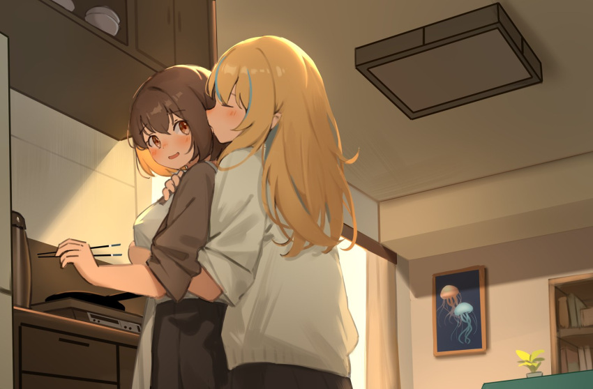 2girls, apron, blonde_hair, blue_hair, blush, breasts, brown_eyes, brown_hair, brown_skirt, brown_sweater, chopsticks, closed_eyes, commentary_request, cooking, couple, holding, holding_chopsticks, hug, hug_from_behind, indoors, kouzuki_mahiru, long_hair, medium_breasts, milktea_(gggrrr2000), multicolored_hair, multiple_girls, open_mouth, plant, pleated_skirt, potted_plant, short_hair, skirt, streaked_hair, sweater, white_apron, white_sweater, yamanouchi_kano, yoru_no_kurage_wa_oyogenai, yuri