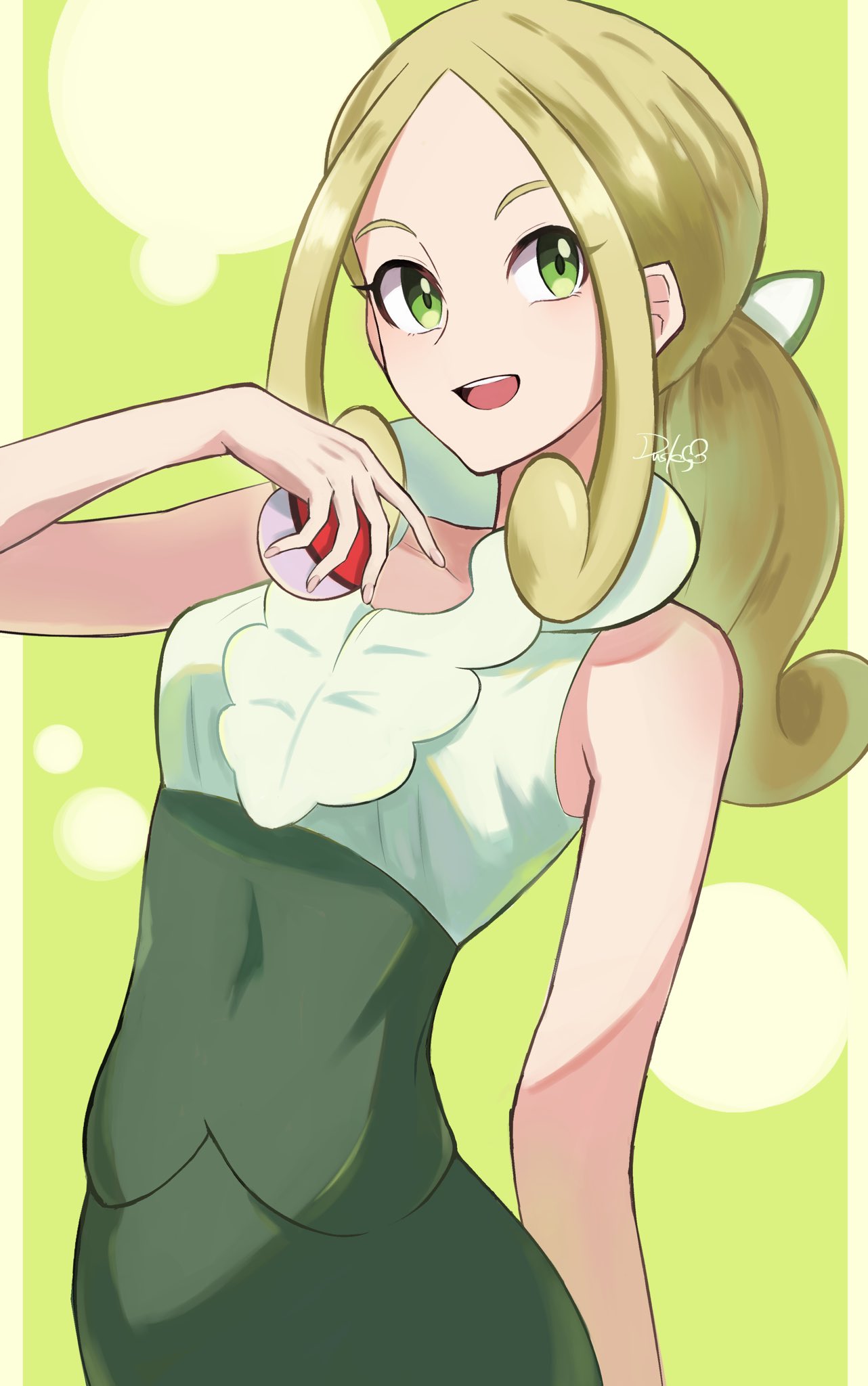 bare_shoulders, blonde_hair, collarbone, cowboy_shot, dusk_poke27, green_eyes, green_skirt, highres
