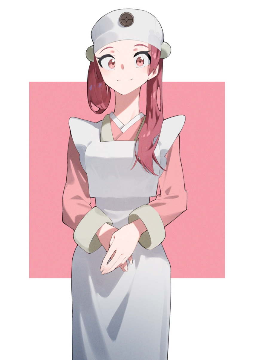1girl, aoi_(altea0923), apron, asymmetrical_hair, beanie, blush, cowboy_shot, eyelashes, hair_bobbles, hair_ornament, hair_rings, hat, highres, japanese_clothes, light_smile, long_hair, long_neck, nurse, own_hands_together, pesselle_(pokemon), pink_eyes, pink_hair, pink_shirt, poke_ball, pokemon, pokemon_legends:_arceus, ponytail, shirt, side_ponytail, sidelocks, single_sidelock, smile, white_apron, white_hat