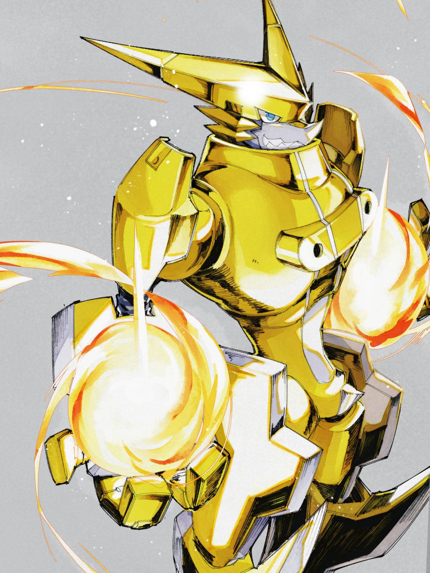 armor, blue_eyes, commentary_request, cowboy_shot, digimon, digimon_(creature), fire, gold_armor