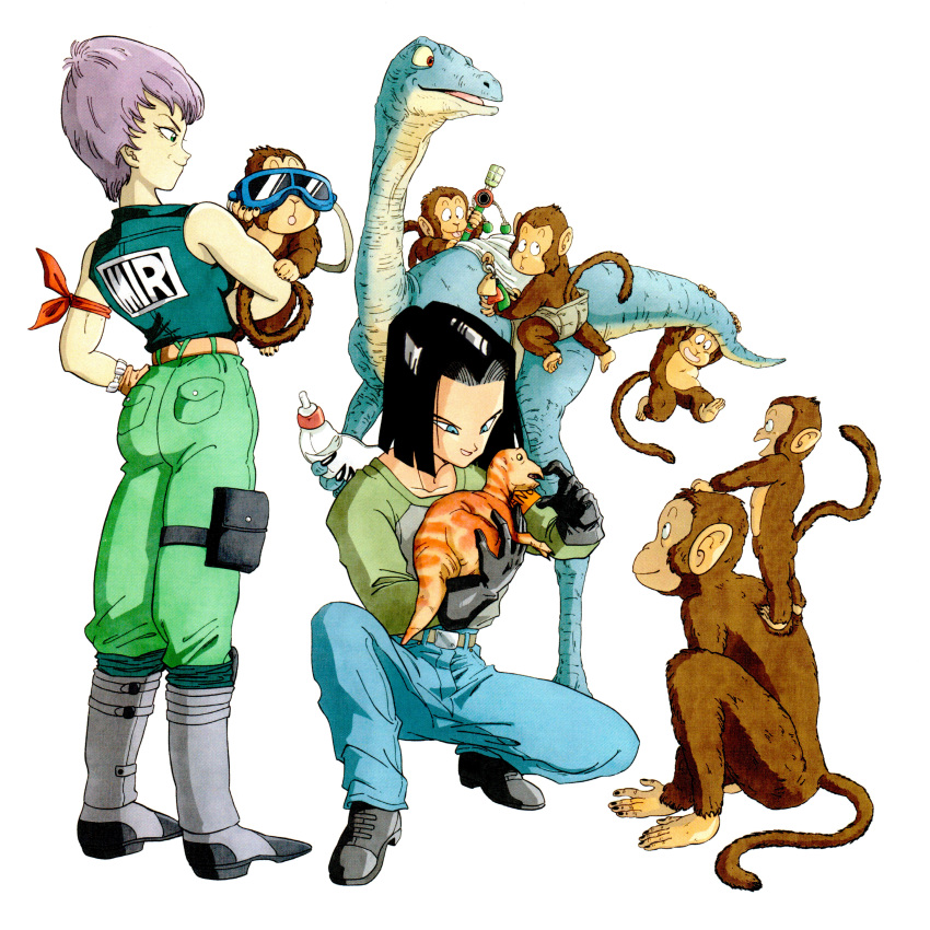 1boy, 1girl, absurdres, android_17, animal, baby, baby_bottle, belt
