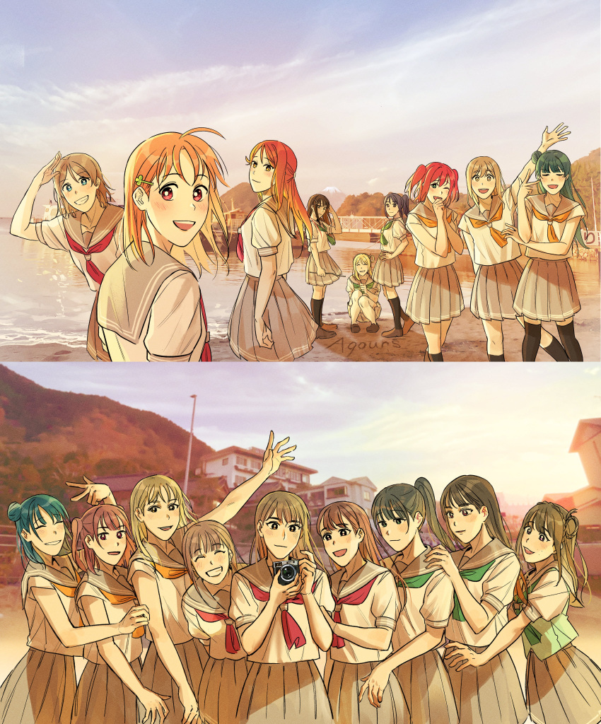 absurdres, beach, brown_hair, clouds, everyone, highres, kunikida_hanamaru, kurosawa_dia