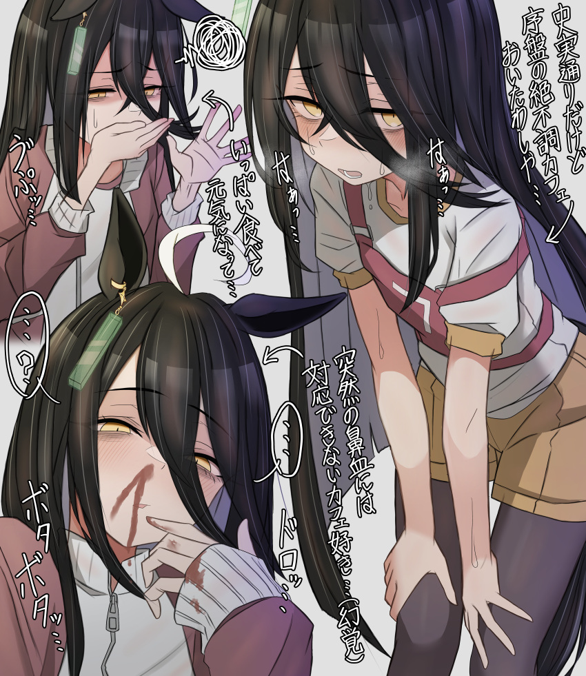 1girl, absurdres, animal_ears, black_hair, black_pantyhose, blood, brown_shorts, commentary_request