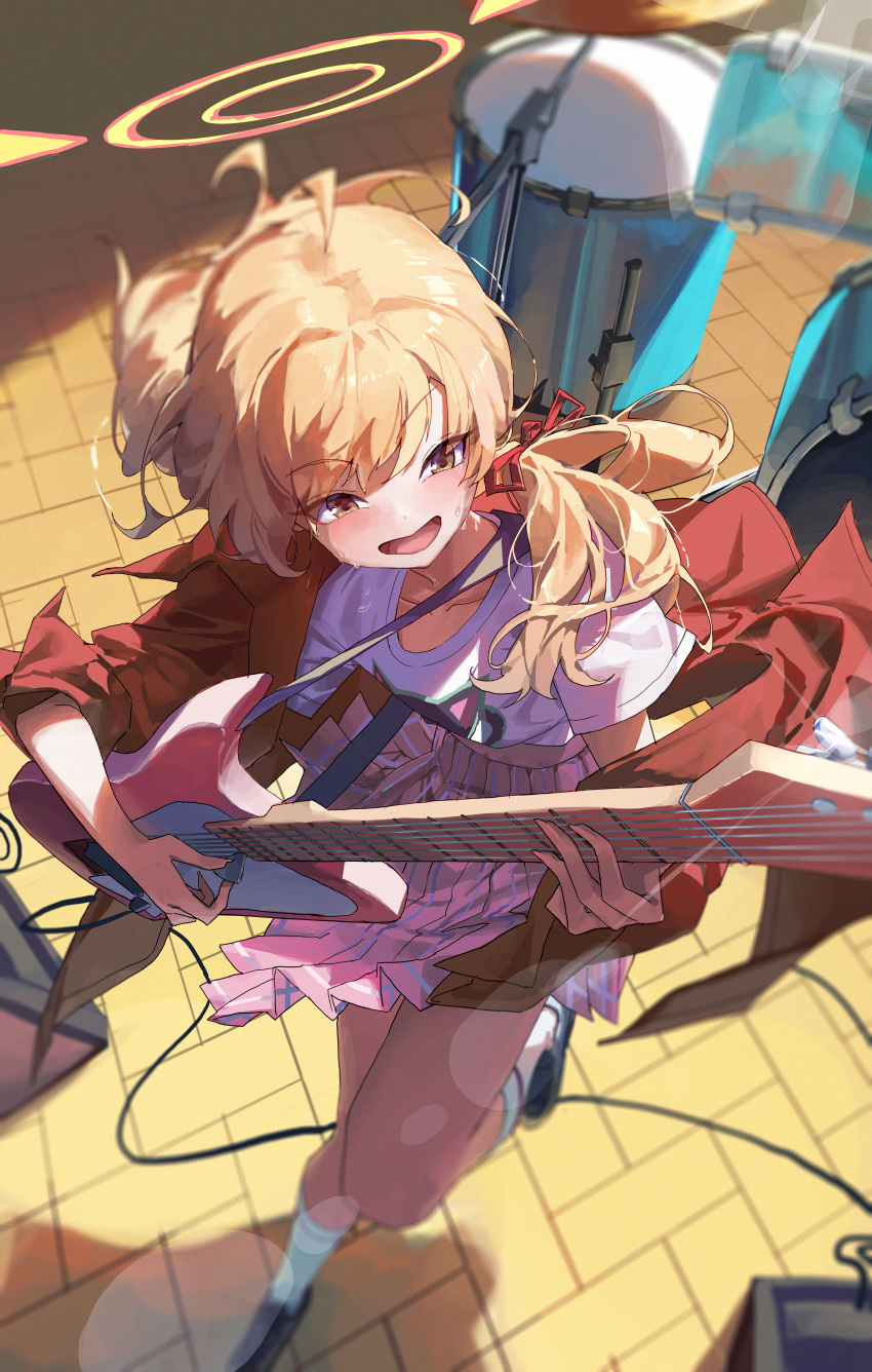 1girl, absurdres, black_footwear, blonde_hair, blue_archive, drum, electric_guitar, from_above