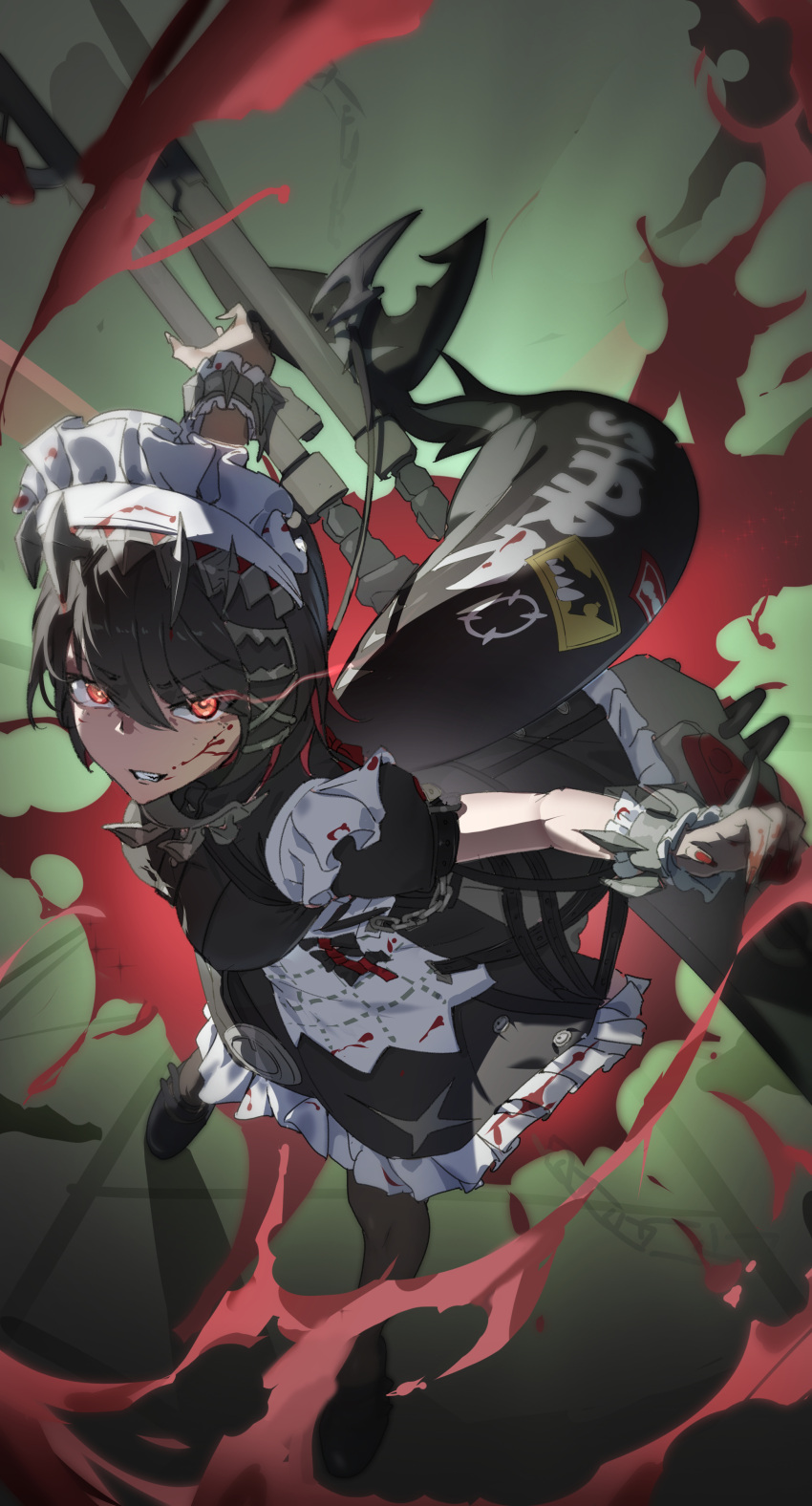 1girl, absurdres, apron, black_dress, black_hair, blood, blood_on_clothes, blood_on_face