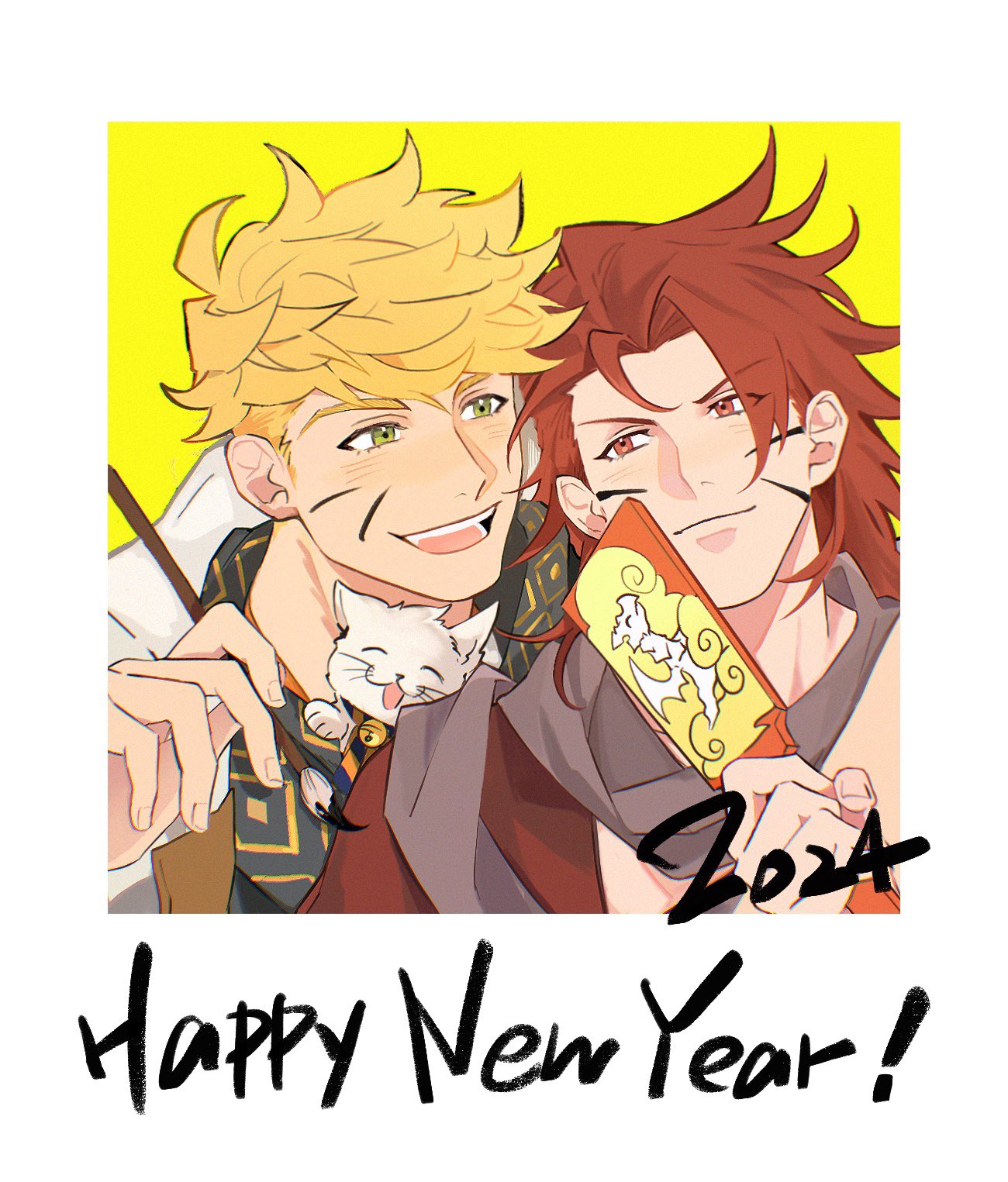 2024, 2boys, blonde_hair, brown_kimono, calligraphy_brush, closed_mouth, facepaint, granblue_fantasy