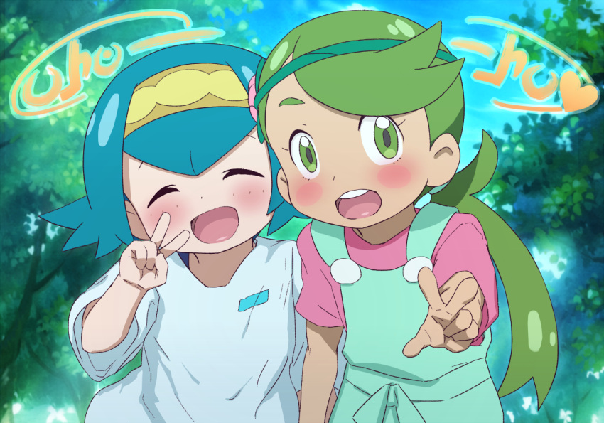 2girls, :d, ^_^, aged_down, blue_hair, blue_sky, blurry, blurry_background