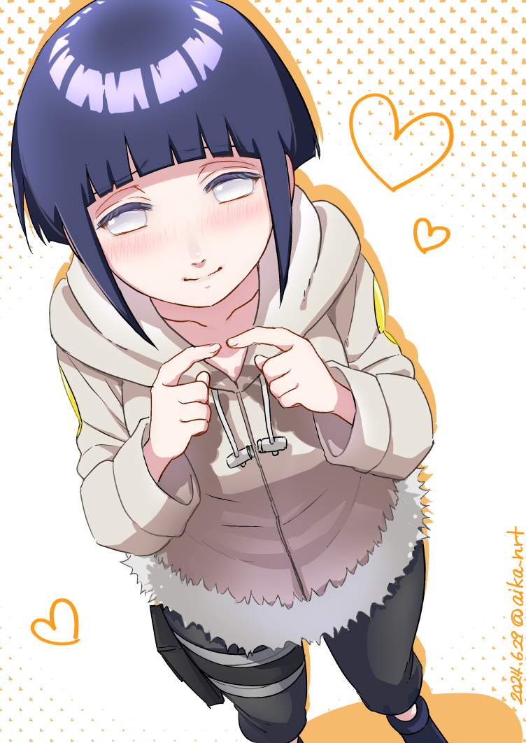 1girl, aika_nrt, black_hair, black_pants, blush, breasts, collarbone, foot_out_of_frame, heart, hood, hooded_jacket, hyuuga_hinata, jacket, medium_breasts, naruto, naruto_(series), pants, short_hair, smile, solo, white_eyes, white_jacket