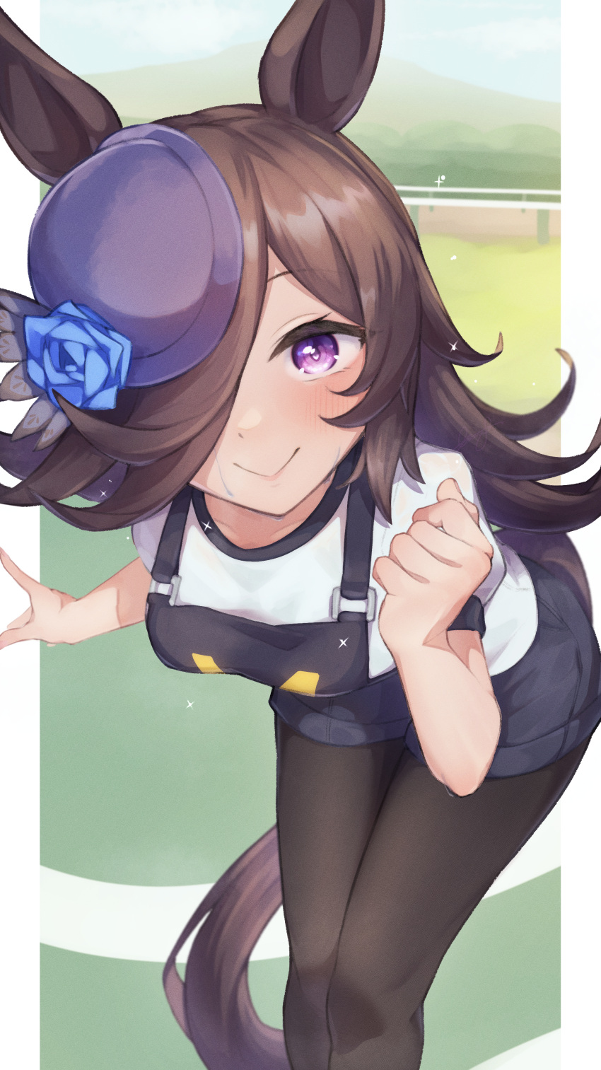 1girl, absurdres, alternate_costume, animal_ears, beautifulinsnow, black_hair, black_pantyhose, blurry, blurry_background, breasts, clenched_hand, closed_mouth, commentary_request, grass, hair_over_one_eye, hat, highres, horse_ears, horse_girl, horse_tail, looking_at_viewer, pantyhose, rice_shower_(umamusume), shorts, smile, solo, sweat, tail, umamusume, violet_eyes