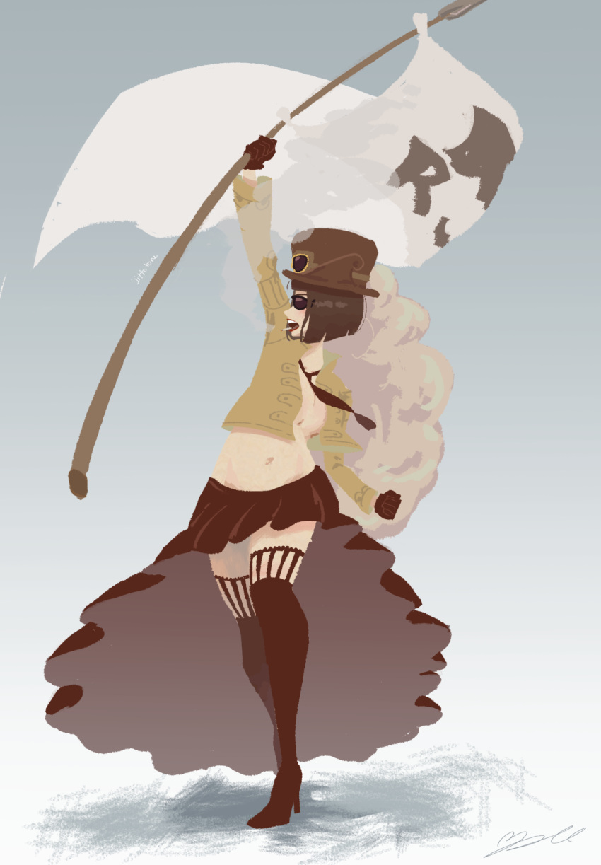 1girl, belo_betty, bob_cut, boots, cigarette, cropped_jacket, english_commentary, flag