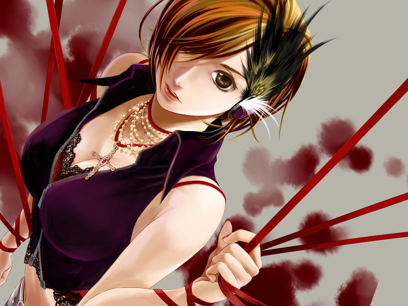 brown_hair, cross, hair_ornament, hair_over_one_eye, headphones, jewelry, meiko, necklace