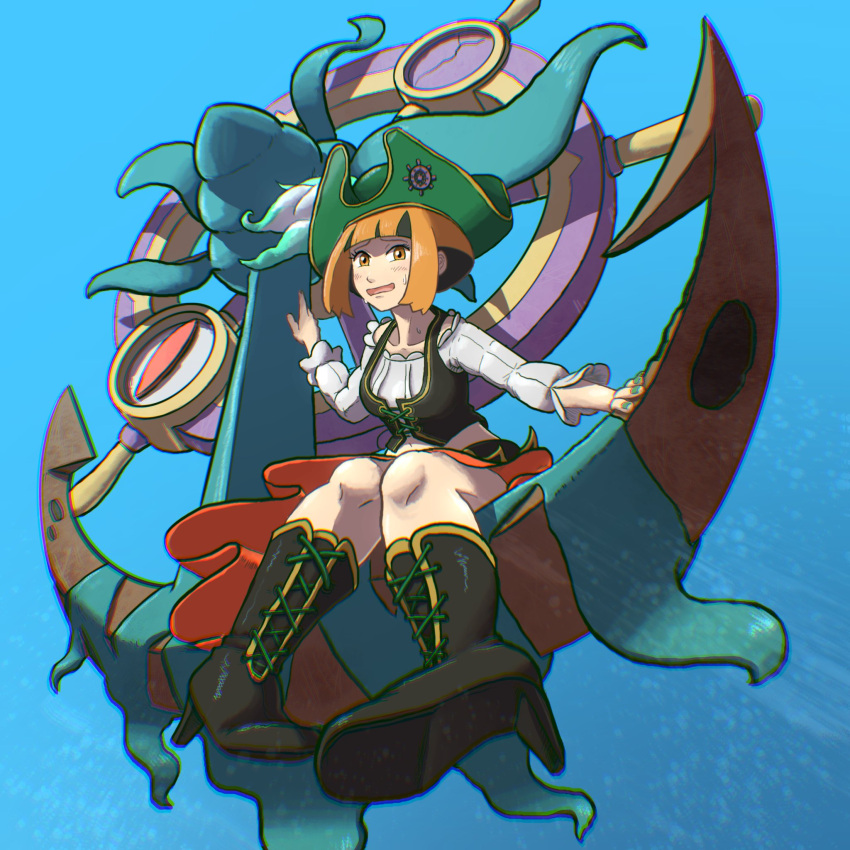 1girl, black_hair, dhelmise, dress, full_body, gardenia_(pokemon), gardenia_(summer_2024)_(pokemon), hat, highres, horrified, kaeru_boiler, long_sleeves, midriff, multicolored_hair, navel, official_alternate_costume, open_mouth, orange_hair, pirate, pirate_costume, pirate_hat, pokemon, pokemon_(creature), pokemon_masters_ex, scared, short_hair, simple_background, sitting, smile, sweatdrop, two-tone_hair