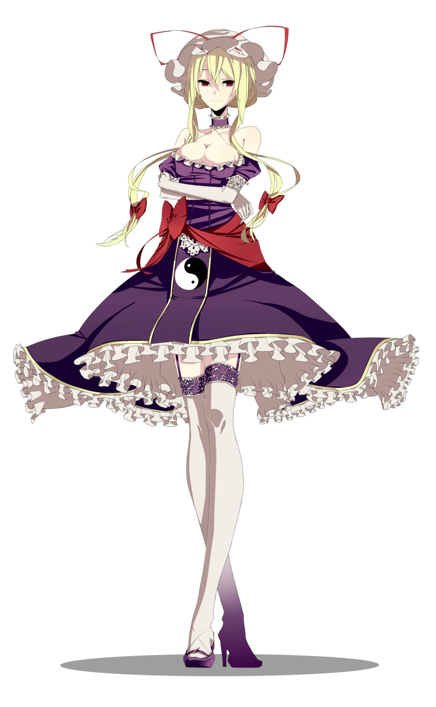 absurdres, adapted_costume, bare_shoulders, blonde_hair, breasts, choker, crossed_legs_(standing), elbow_gloves, gloves, hat, highres, lace, lace-trimmed_thighhighs, legs, red_eyes, shinoi, short_hair, simple_background, smile, solo, standing, thigh-highs, thighhighs, touhou, white_legwear, yakumo_yukari, yin_yang