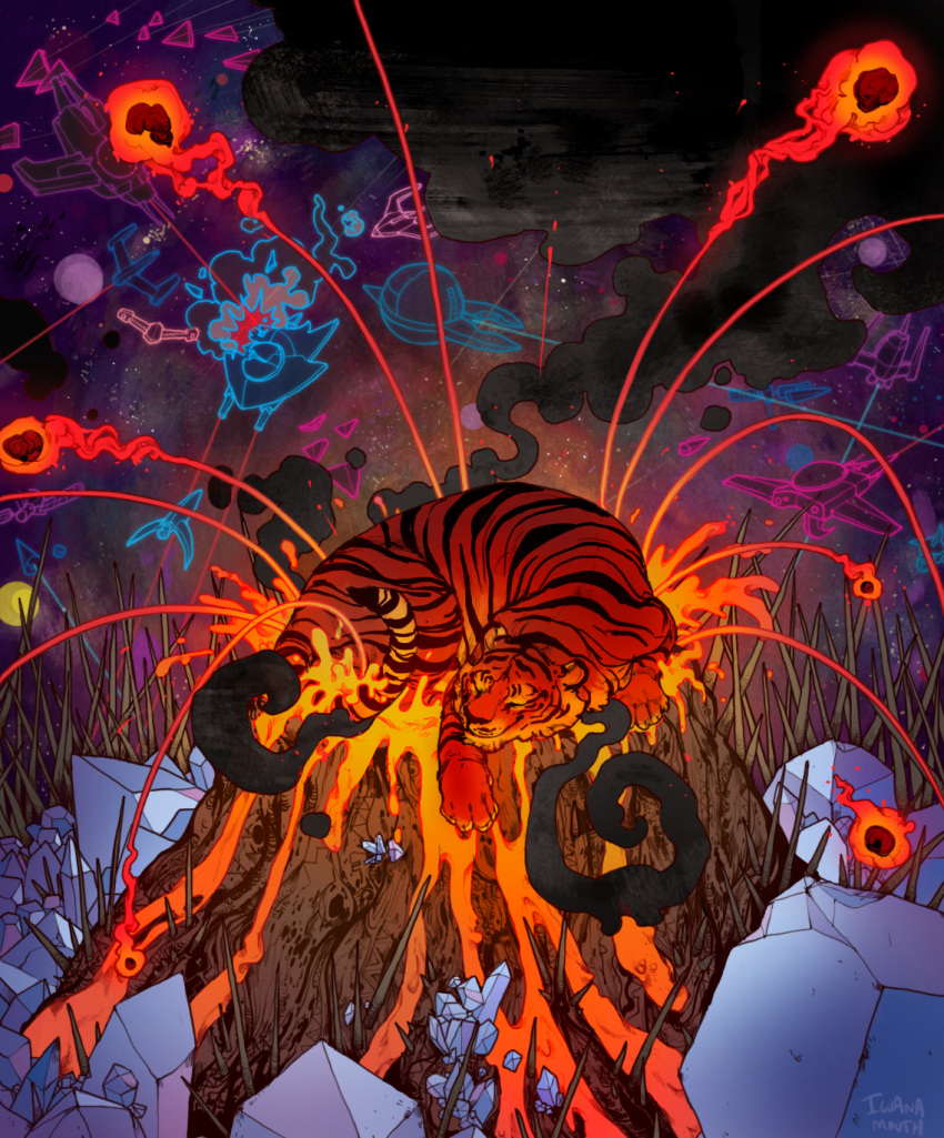 animal, animal_focus, closed_eyes, commission, crystal, curled_up, energy_cannon, explosion